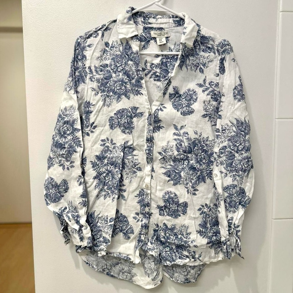 Rachel Zoe White Button-Down Shirt with Blue Floral Print